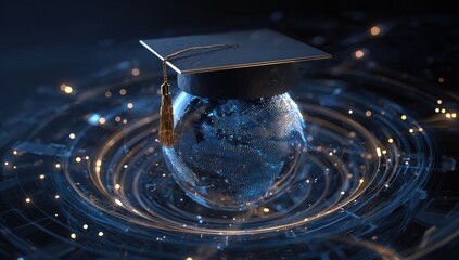 Illuminated globe with graduation cap and swirling digital light streams