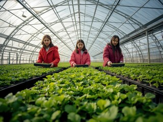 Three women tending to plants in a greenhouse