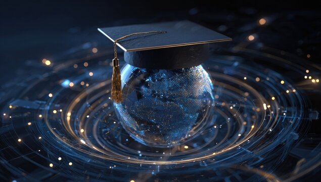 Illuminated globe with graduation cap and swirling digital light streams - Powered by Adobe