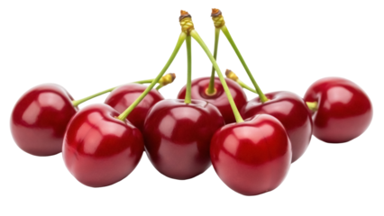 Pile of fresh red cherries isolated PNG, ripe sweet fruit with green stems on transparent background for healthy eating and summer designs