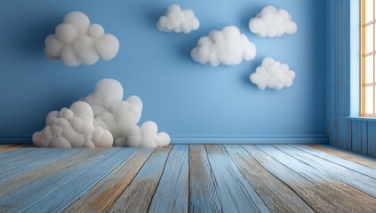 Light blue room with fluffy cloud decorations and wooden floor