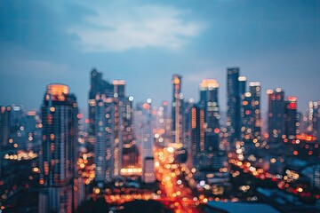 Fototapeta premium Blurry, glowing city skyline at dusk with illuminated buildings and lights