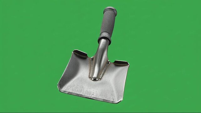 A metal trowel with a gray handle standing upright on a green background