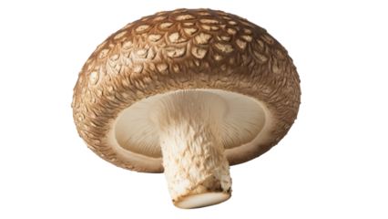 Shiitake mushroom isolated PNG on transparent background, edible fungus with brown cap and thick stem for culinary use