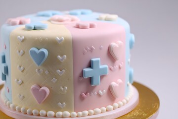 Pastel colored cake with hearts and crosses on a gold plate