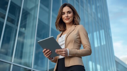 Professional woman using tablet outside modern building