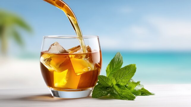 A glass of peach iced tea with ice cubes and mint leaves, pouring to fill, close-up drink shot, condensation on glass, background with tropical beach blur, refreshing product photography.