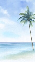 Serene tropical beach watercolor illustration evokes peaceful island summer vibes and calming airy beauty