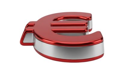 Red and silver Euro symbol isolated PNG, currency sign for finance and European economy on transparent background