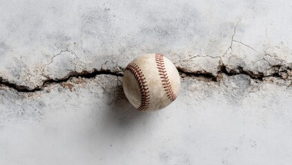 A worn baseball rests precariously on a large crack in a concrete surface