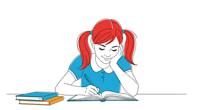 Cute schoolgirl with red pigtails and a blue dress, smiling as she writes in her notebook at a desk with a stack of books.
