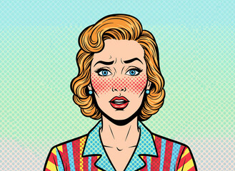 Pop art woman feeling worried and surprised reacting to news