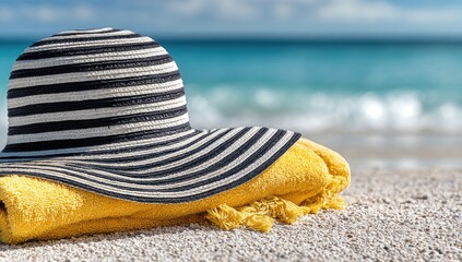 Striped sun hat rests on a rolled yellow towel on a pebbled beach