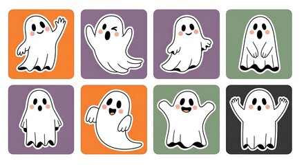 Cartoon Ghosts in Colored Squares Halloween.