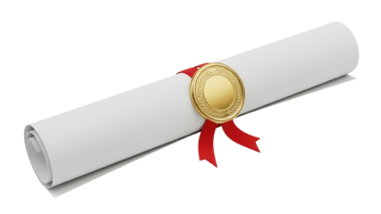 Rolled diploma with gold seal and red ribbon isolated PNG, graduation certificate for academic achievement and educational success
