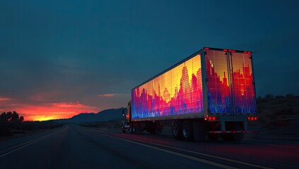 Truck with vibrant city skyline graphic travels highway at sunset