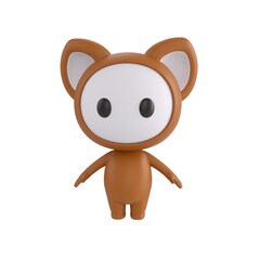 Fototapeta premium Cute 3D render Little Brown Monster character standing upright with arms slightly outstretched, neutral and friendly mascot style, isolated on white background for balance, openness, and digital desig