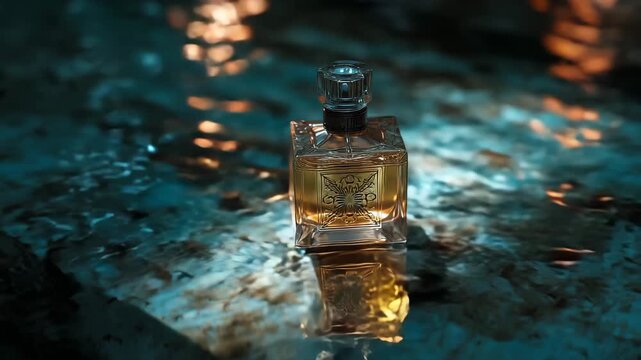 4K Luxury perfume bottle with golden liquid and ornate engraving, resting on a reflective, textured surface with dramatic blue and orange lighting, closeup studio shot video
