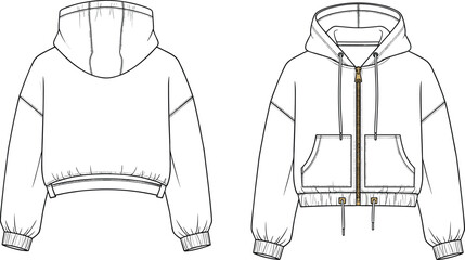 Technical flat sketch (front and back view) of a loose-fit peasant blouse with raglan sleeves, drawstring tie-neck, peplum hem, and voluminous balloon sleeves, vector template for chic apparel design.