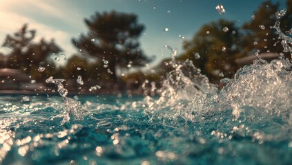 Crystal clear water splashes, sparkling in sunlight, with lush green trees in background