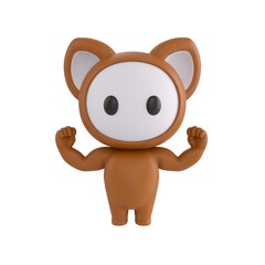 Cute 3D render Little Brown Monster character flexing muscles to show strength, confident and powerful mascot style, isolated on white background for fitness, strength, motivation, and digital design.