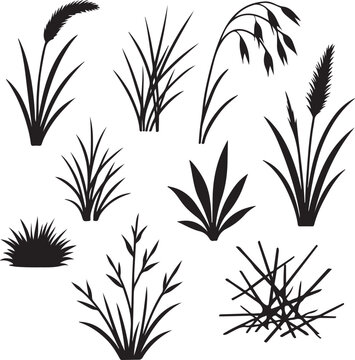 Wind Swept Meadow Weed Array Wild Grass Silhouette Bundle Line Art.eps