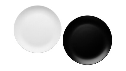 Black and white plates PNG isolated on transparent background, contrasting dishware for dining and kitchen design
