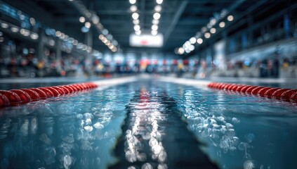 Indoor swimming competition lanes, with lights reflecting on water surface