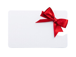 White gift card with red bow isolated on transparent background