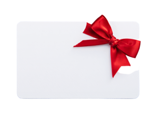 White gift card with red bow isolated on transparent background