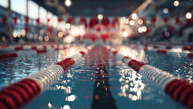 Indoor swimming pool lanes with red and white markers, reflecting lights - Powered by Adobe