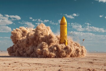 Yellow rocket launching in a desert explosion