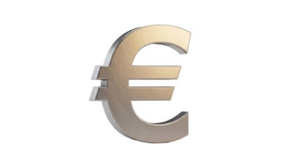 Metallic euro symbol PNG isolated on transparent background, currency sign for finance, banking and European economy, golden brushed metal