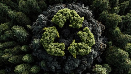 Lush green trees form a recycling symbol atop dark forest canopy