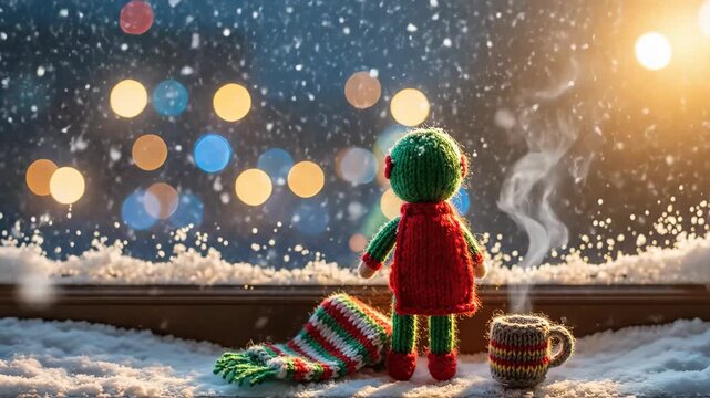 Knitted elf toy on snowy windowsill with steaming mug looks at falling snow and bokeh lights, a cozy Christmas holiday scene concept.