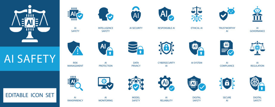 AI Safety and Ethics Icon Set featuring artificial intelligence security, compliance, data privacy, regulation, governance, and risk management flat vector icons for tech design.