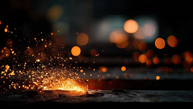 Intense sparks erupt from metal, illuminating the dark with fiery orange glow