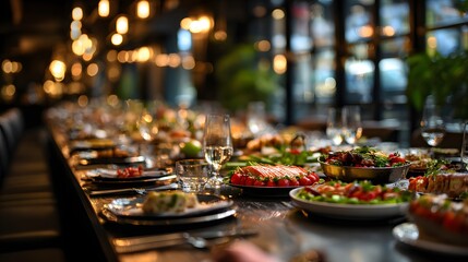 Candlelit long dining table set with gourmet plates and glassware in elegant restaurant, perfect for upscale event ads, hospitality visuals