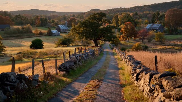 4K Country road lined with stone walls leading past farms and trees in autumn landscape at sunrise or sunset video