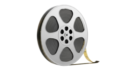Film reel PNG isolated on transparent background, vintage movie roll with filmstrip for cinema and entertainment projects