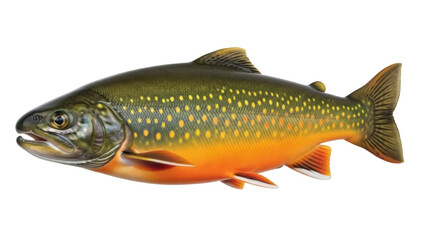Fototapeta premium Brook trout isolated PNG on transparent background, colorful freshwater fish with yellow spots for fishing and wildlife designs