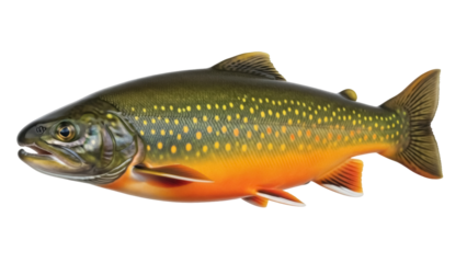 Brook trout isolated PNG on transparent background, colorful freshwater fish with yellow spots for fishing and wildlife designs