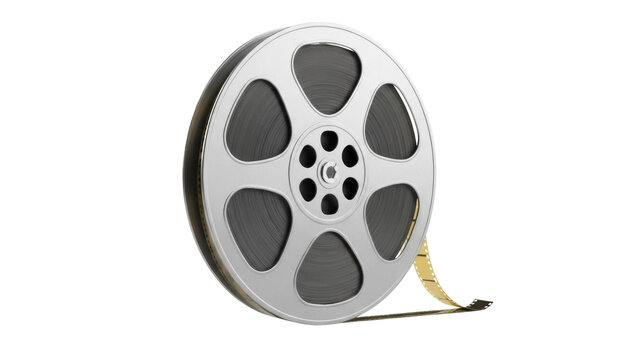 Film reel PNG isolated on transparent background, vintage movie roll with filmstrip for cinema and entertainment projects
