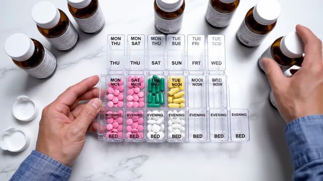 Sorting pills by day and time in a pill organizer on a table with medicine bottles around