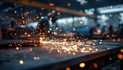 Obraz premium Intense sparks fly from metalwork in a dimly lit industrial workshop