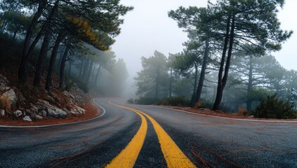 Winding mountain road disappearing into foggy pine forest