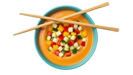Gazpacho soup in a blue bowl isolated on transparent background, cold Spanish soup with chopped vegetables and chopsticks PNG