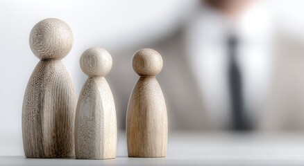 Three wooden family figures stand tall, a blurred adult figure watches from behind