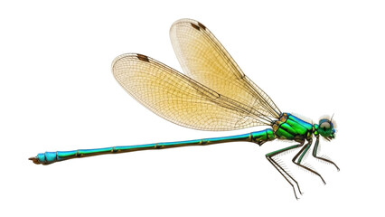 Vibrant turquoise damselfly PNG isolated on transparent backdrop, detailed insect with delicate wings for nature designs