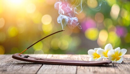 Aromatherapy Sandalwood Incense Burning on Natural Garden Background